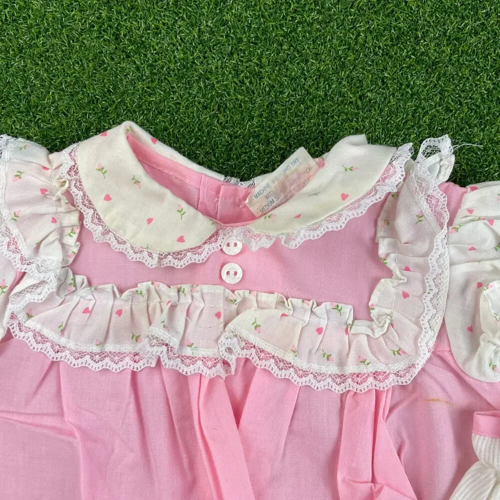 Vintage Catton Candy White Pink Lace Trim Dress Pants Set